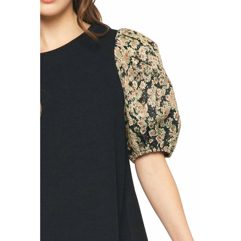 NEW ENTRO floral jacquard sleeve top in black - Picture 7 of 7